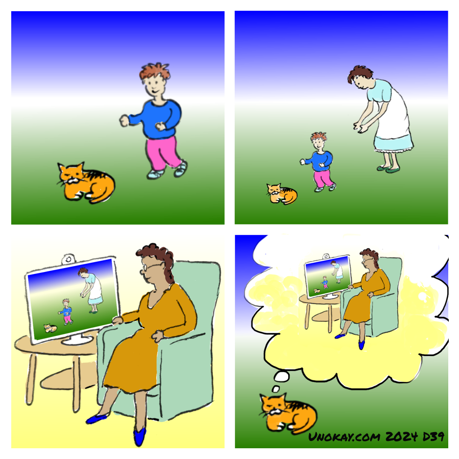 This is a four panel cartoon. Panel 1: A ginger cat is lying curled up on the ground. It looks half asleep. A small child is running up behind the cat. The child is wearing a blue top and pink trousers, and is smiling. The grass is green - the sky is blue. Panel 2: The same scene but further back. Now we see a woman behind the child, wearing a blue and white dress. She is bending over towards the child and her arms are held out towards the child as if letting it go. Panel 3: Now the scene is indoors. An older woman in an orange dress is sitting in an upright armchair. She is watching the scene with the cat and the child and the mother on a monitor which is on an table next to her chair. On top of the monitor is a webcam. Panel 4: The scene is back to the ginger cat half asleep on the ground. But now the cat is dreaming of the scene with the grandmother watching the mother and the child and the cat. The cartoon is signed unokay.com 2024 D39