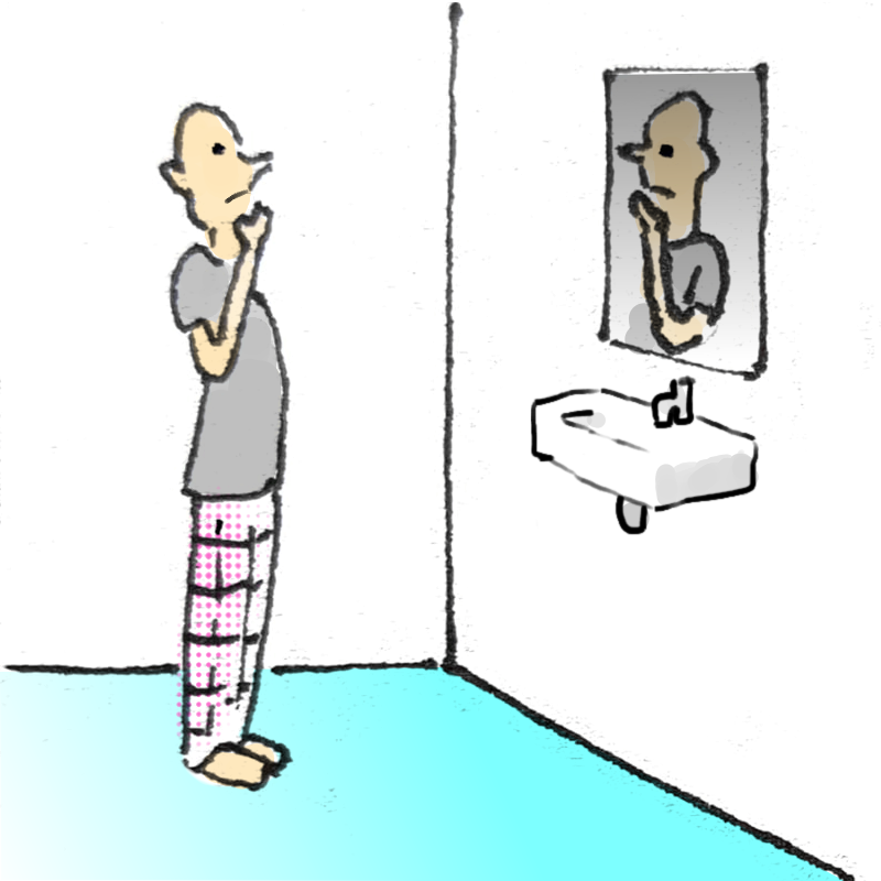 Panel 1: A man in a grey t-shirt and pyjama bottoms is standing in front of a bathroom mirror. The man's face is reflected in the mirror. The floor is turquoise.