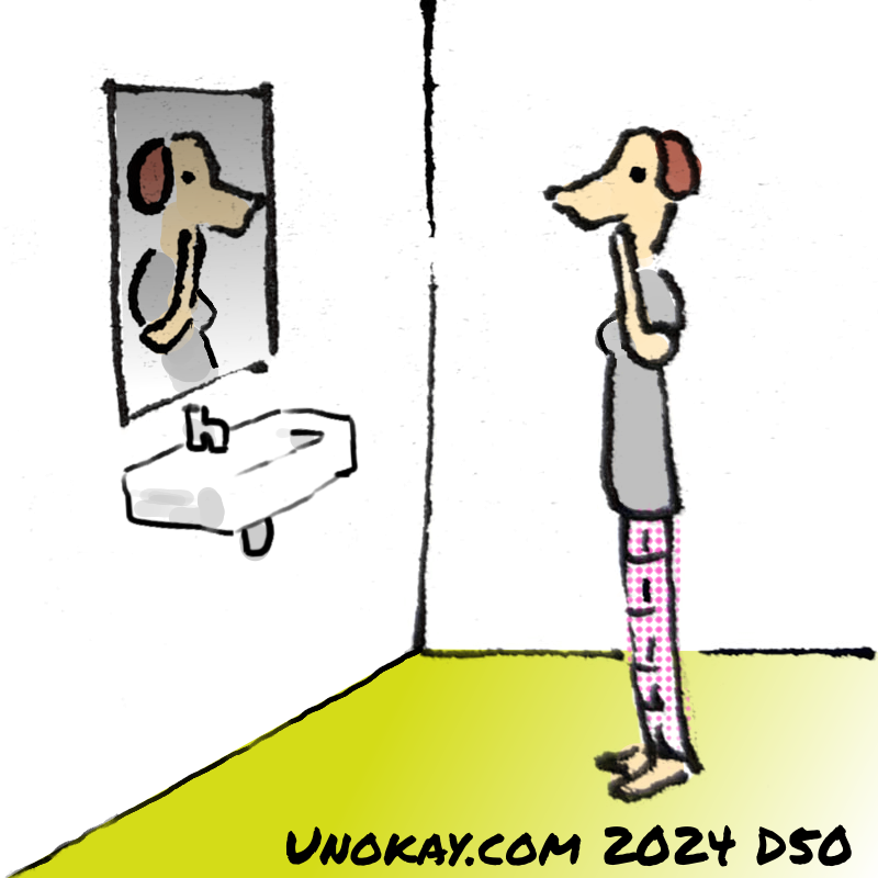 Panel 4: The woman with the dog's head is standing looking in the mirror. Now the woman's face is reflected in the mirror. They no longer look shocked.