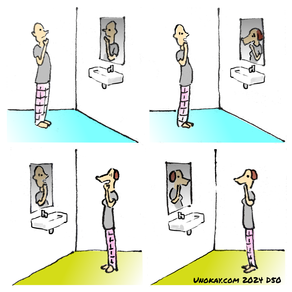 This is a four panel cartoon. Panel 1: A man in a grey t-shirt and pyjama bottoms is standing in front of a bathroom mirror. The man's face is reflected in the mirror. The floor is turquoise. Panel 2: The image in the mirror has changed to a woman with a dog's head wearing the same grey t-shirt. The man and the mirror image look shocked. Panel 3: Now the whole image of the bathroom is reversed. The woman with the dog's head is standing in front of the bathroom mirror. The woman is wearing the same grey t-shirt and pyjama bottoms. The floor is lime green. The woman and the reflection both look shocked. Panel 4: The woman with the dog's head is standing looking in the mirror. Now the woman's face is reflected in the mirror. They no longer look shocked. The cartoon is signed unokay.com 2024 D50