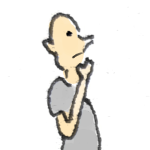 A man in a grey t-shirt is staring to one side.