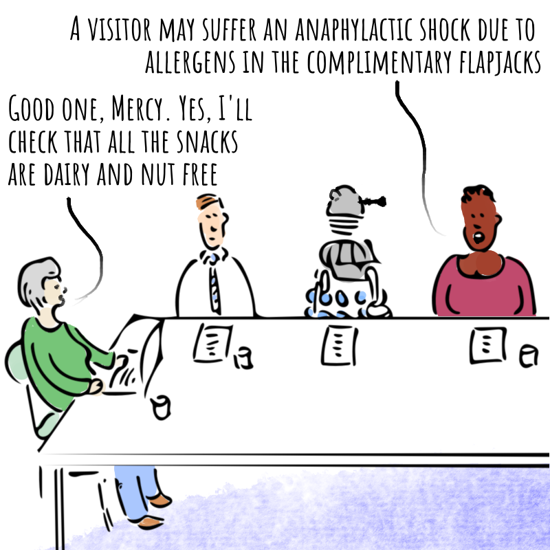 Panel 3: The woman to the right of the Dalek speaks. The Dalek turns to look at her. The woman says: A visitor may suffer an anaphylactic shock due to allergens in the complimentary flapjacks. The facilitator says: Good one, Mercy. Yes, I'll check that all the snacks are dairy and nut free