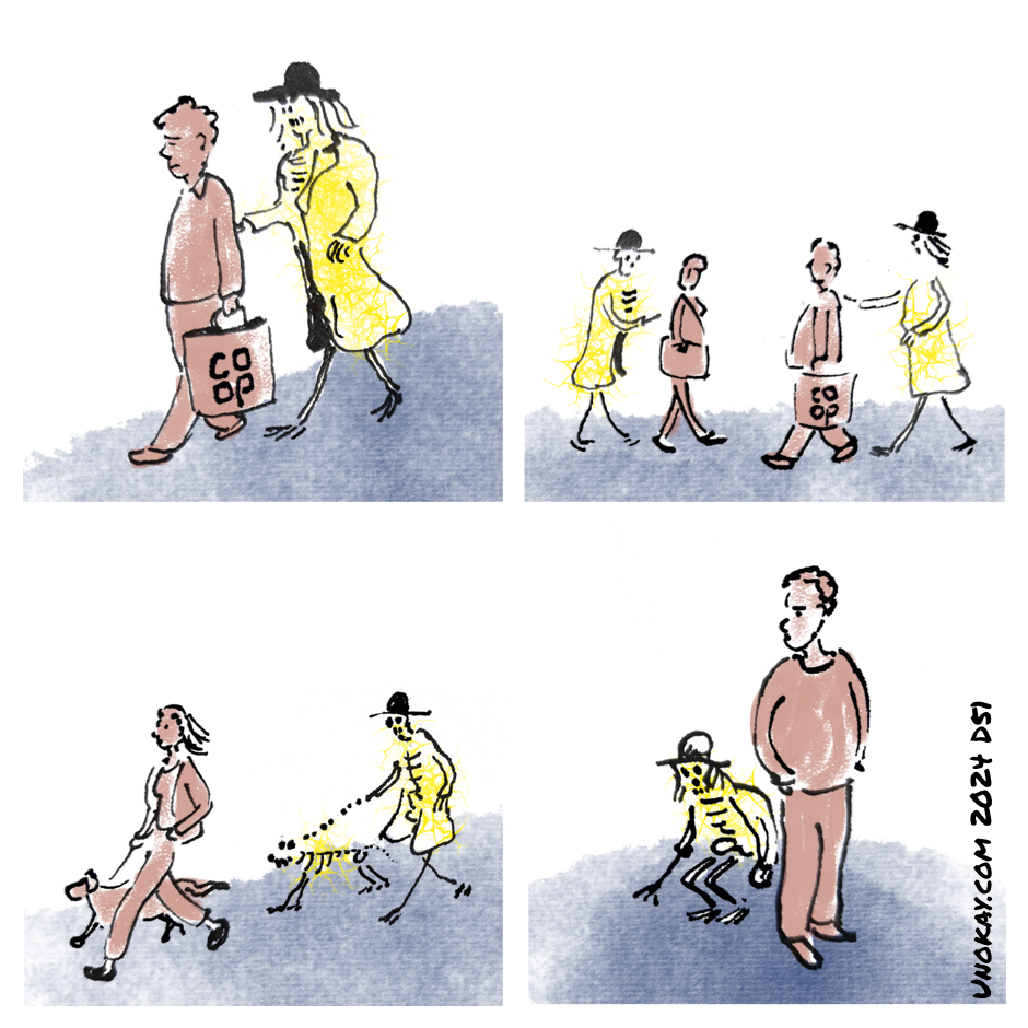 This is a four panel cartoon. Panel 1: A man is walking along carrying a shopping bag. Behind him is a skeleton walking along dressed as a scarecrow. Panel 2: The man is seen from the side still with the scarecrow behind him. Coming from the other direction, a woman is walking along. Behind her is a similar scarecrow. Panel 3: A young woman is walking a dog. Behind her is a scarecrow walking a skeleton dog. Panel 4: A young man looks over his shoulder. Behind him a scarecrow crouches down out of sight. The cartoon is signed unokay.com 2024 D51