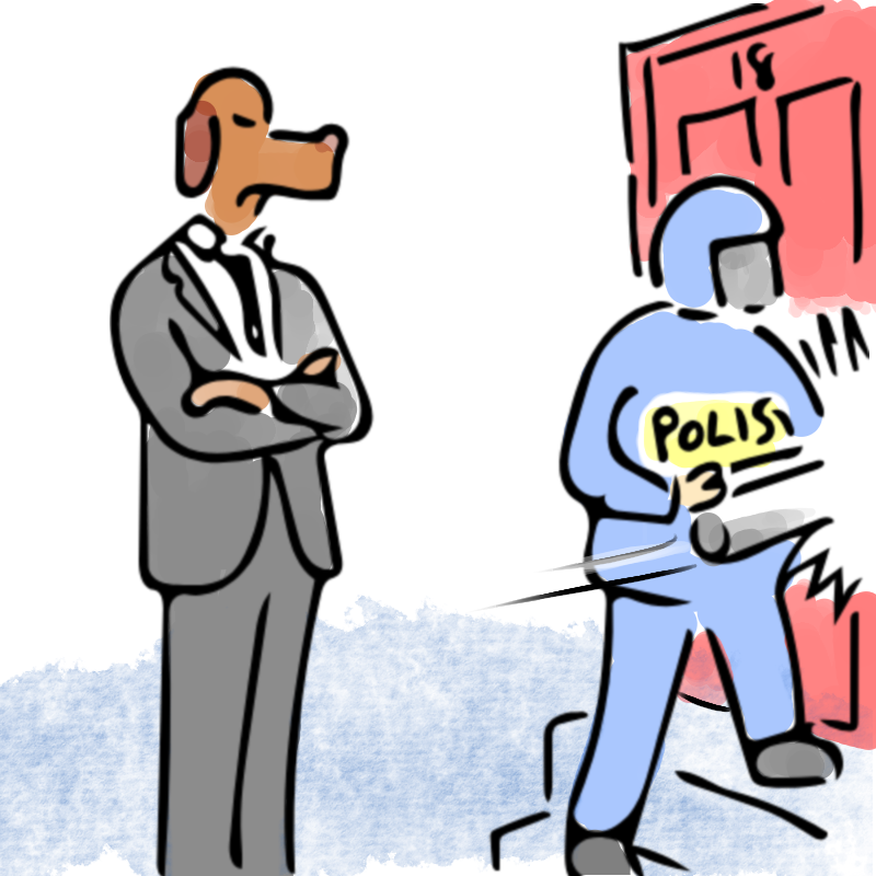 Panel 1: A dog-headed man in suit stands outside a house. A police officer in riot gear is trying to break down a door. The number on the door is 18.