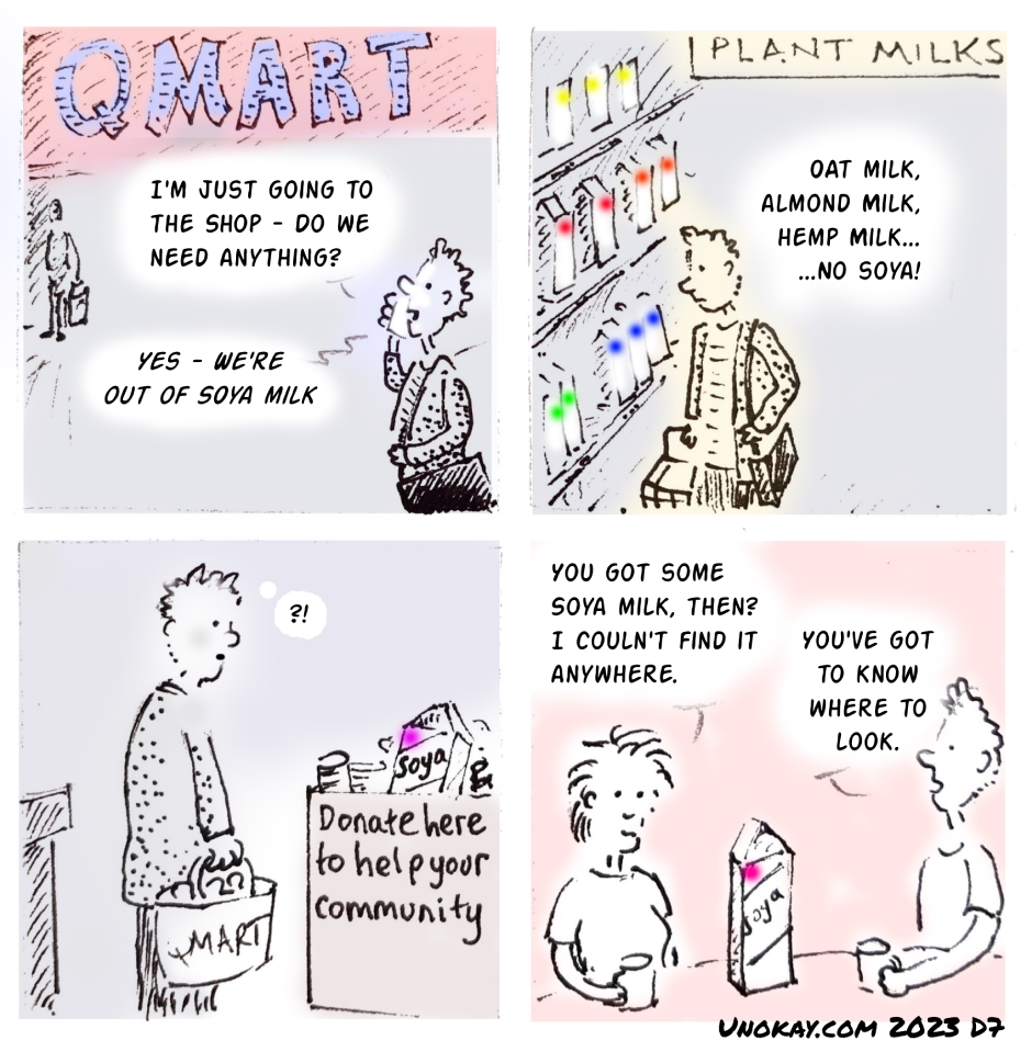 This is a four panel cartoon. Panel 1: A young man wearing a suit and carrying a shoulder bag is talking into his phone: I'm just going to the shop - do we need anything? A reply comes back: Yes - we're out of soya milk. In the background is a shop called QMart. Panel 2: The man walks down the aisle labelled 'Plant milks'. The shelves are full of cartons with different coloured labels. The man is thinking: Oat milk, almond milk, hemp milk... no soya! Panel 3: The man is standing with a full QMart bag. He's looking at a box - on the side of the box is written: Donate here to help your community. The box is full of donations, including a carton of soya milk. The man looks embarassed and has a puzzled think bubble. Panel 4: The man is at home. He and his partner are holding mugs. On the table is the carton of soya milk from the donations box. Hist partner is saying: You got some soya milk then? I couldn't find it anywhere. The man says: You've got to know where to look. The cartoon is signed unokay.com 2023 D7.