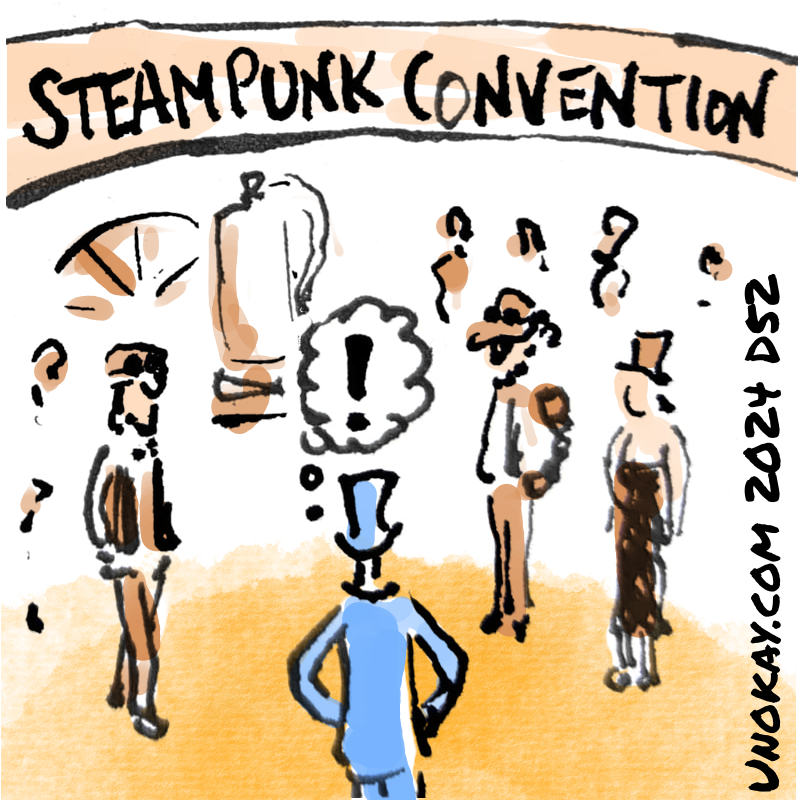 Panel 4: We see what the man is looking at. There are a group of people in Victorian costumes. A banner above them reads: Steampunk Convention.