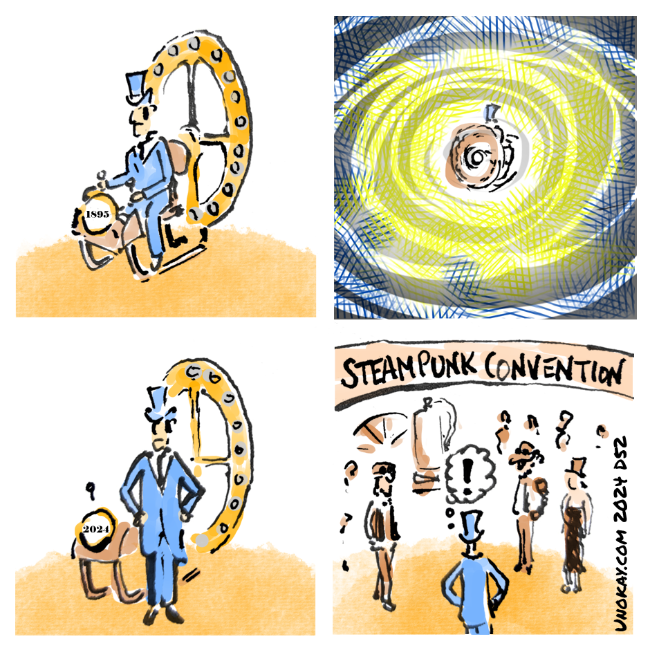 This is a four panel cartoon. Panel 1: A man in Victorian costume is sitting on an elaborate machine. A dial on the front says 1895. Panel 2: The machine flies into a vortex of swirling clouds. Panel 3: The man is standing by the machine. The dial says 2024. Panel 4: We see what the man is looking at. There are a group of people in Victorian costumes. A banner above them reads: Steampunk Convention. The cartoon is signed unokay.com 2024 D52