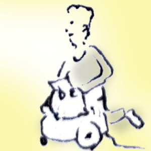 A cartoon image of a person kneeling emptying a vacuum cleaner.