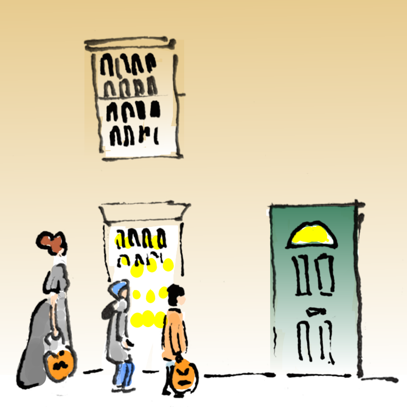 Panel 1: Two children and a young adult are approaching a terrace house which is lit up. The children are carrying pumpkins to collect sweets.