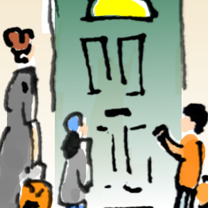 A group of children are outside a door