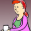 This is a thumbnail image which is cropped from the main cartoon. The image contains a cartoon drawing of a woman. She is wearing a pink cardigan over a green shirt, and has a white bandana with red polka dots on her head. Her hair is bright red. The woman is looking to the left of the image, and is holding a white mug. The background is a plain dark purple.